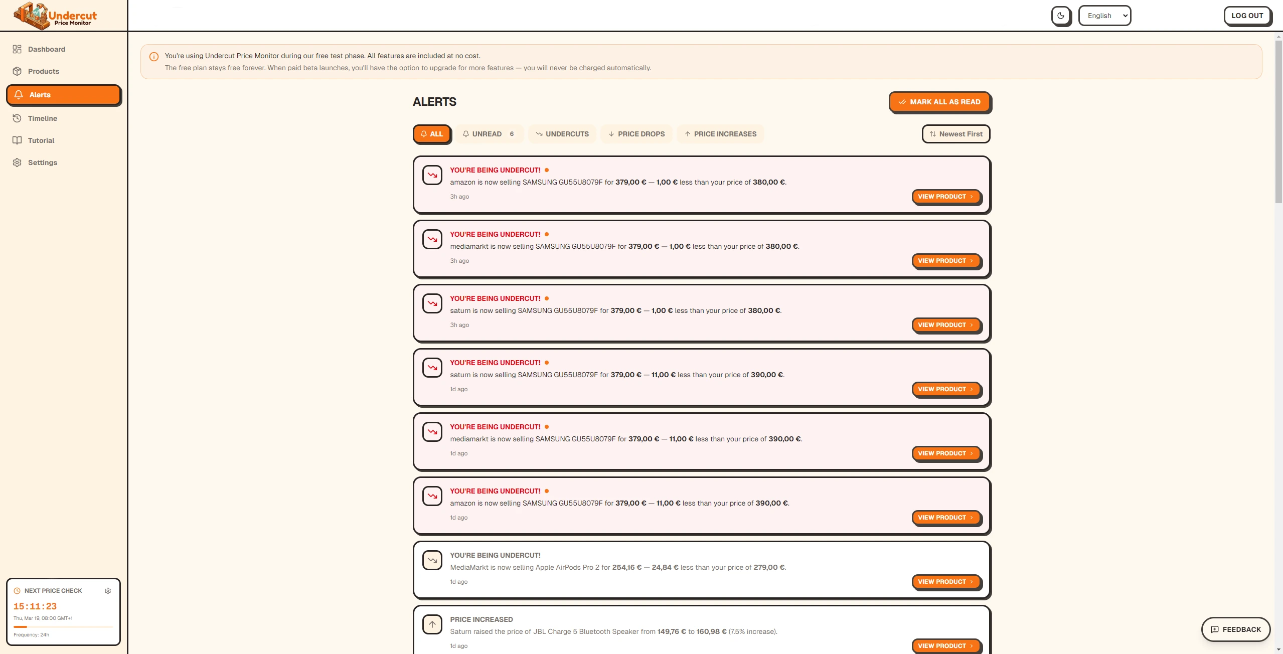 Instant alerts when a competitor undercuts you or changes their price.
