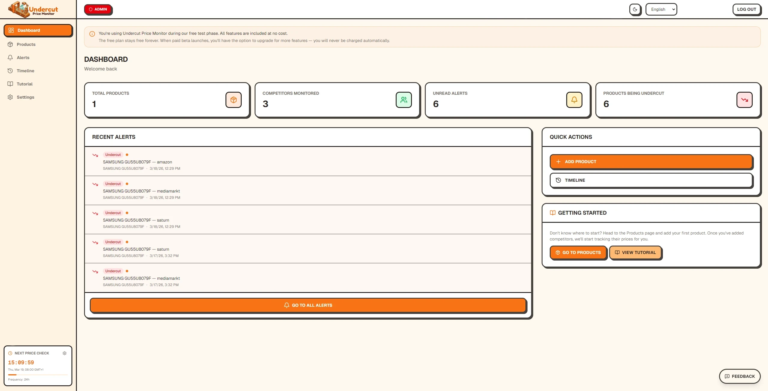 Your dashboard at a glance — products, alerts, and competitor stats in one place.